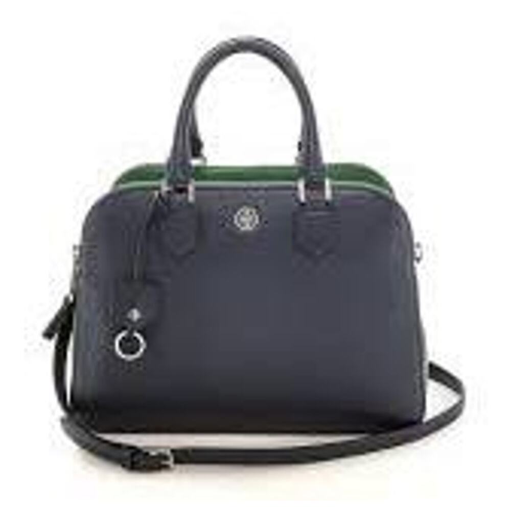 TORY BURCH - Navy/Emerald Stone - Robinson Pebbled Triple Zip Satchel Bag Purse